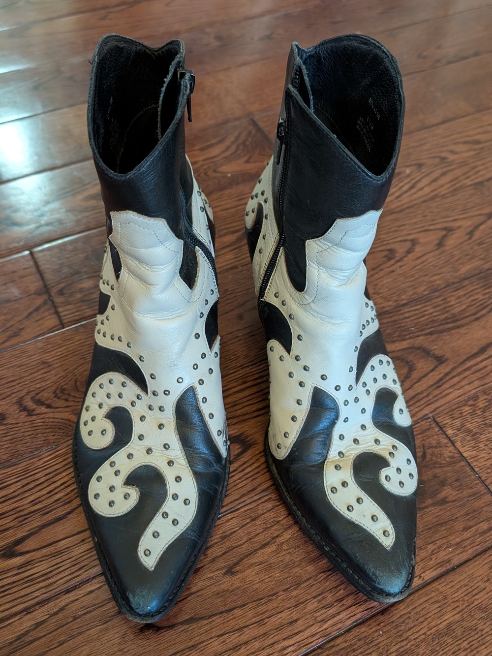 Black and White Women's Western Leather Ankle Boots